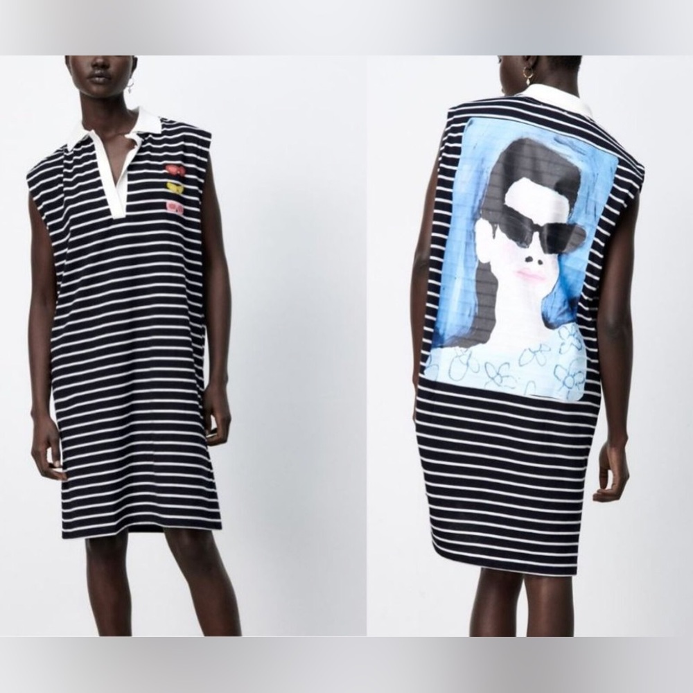 Zara Natacha Paschal Blue Collared Art to Wear Striped Sheath Dress NWT Small